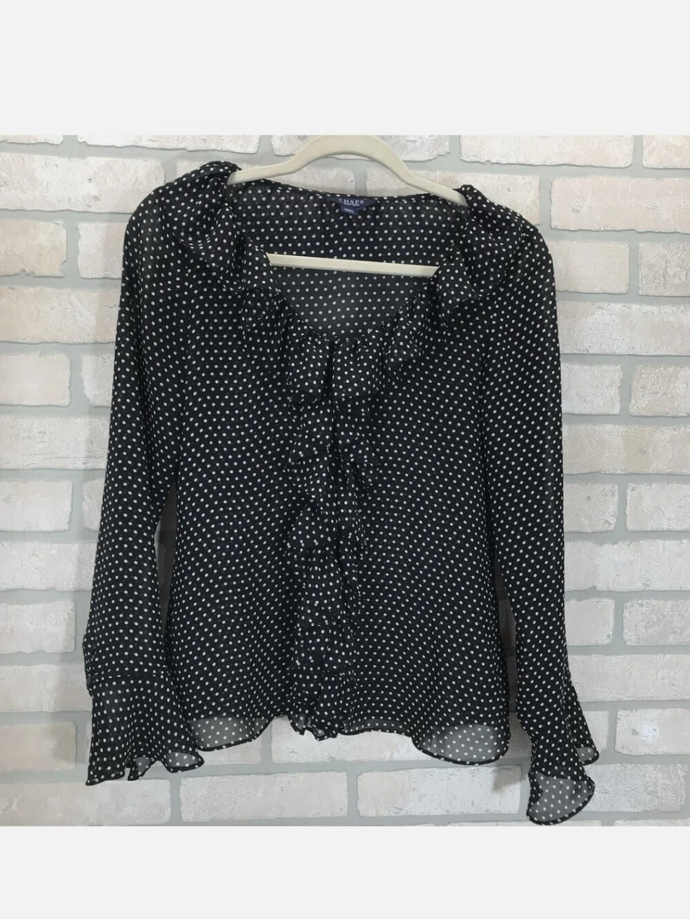 Chaps Sheer Polka Dot Ruffle Front 3/4 Long-Sleeve Flowy  Blouse - Black
